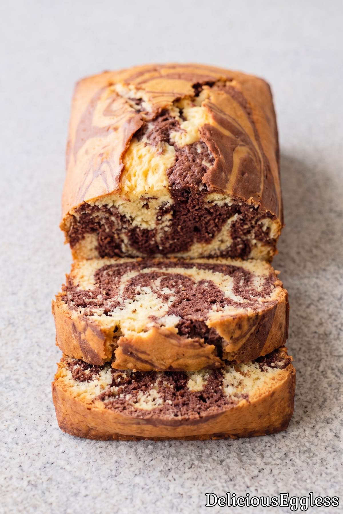 Homemade eggless marble cake with swirls.
