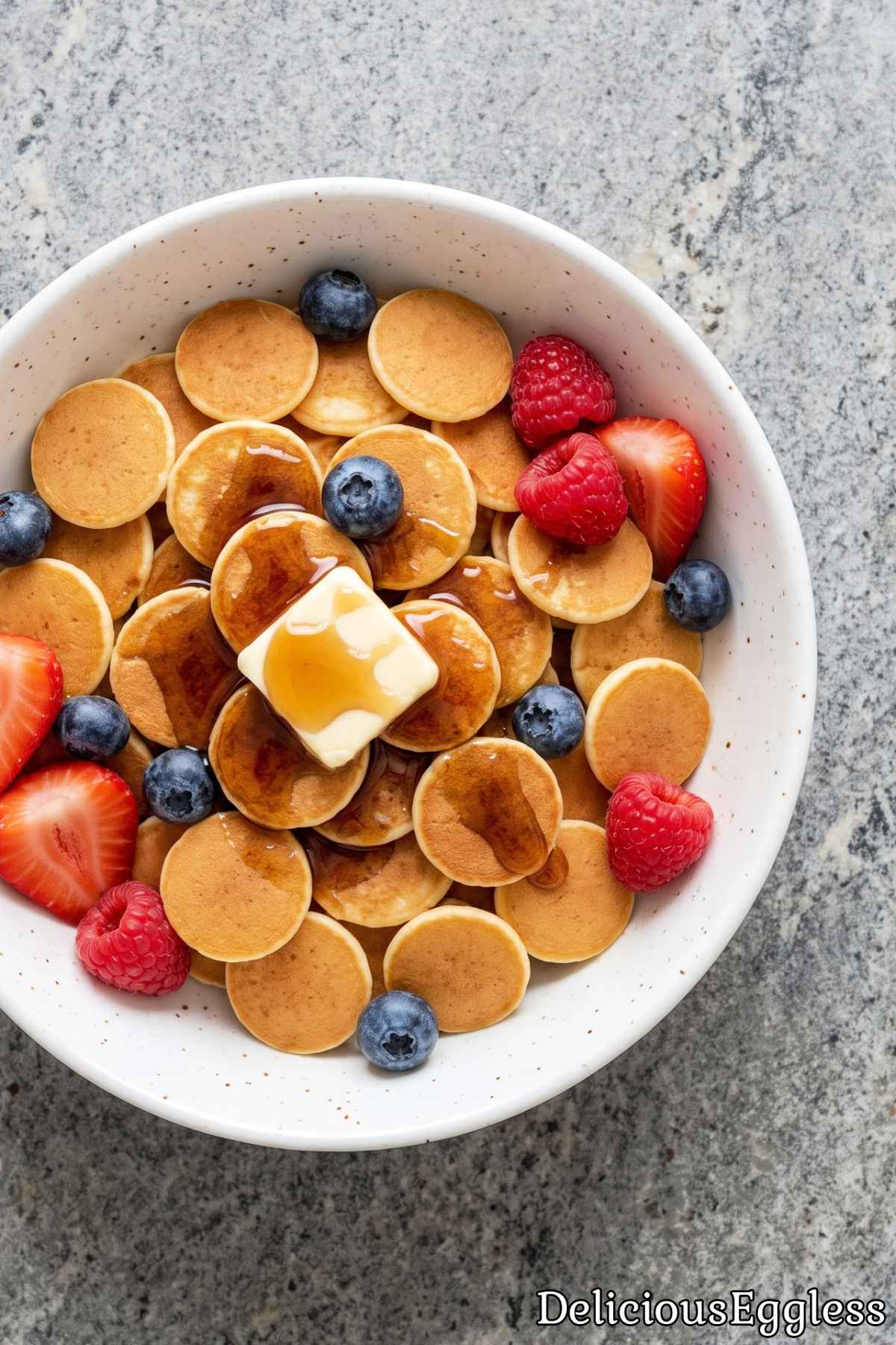 Easy homemade eggless mini pancake cereal.