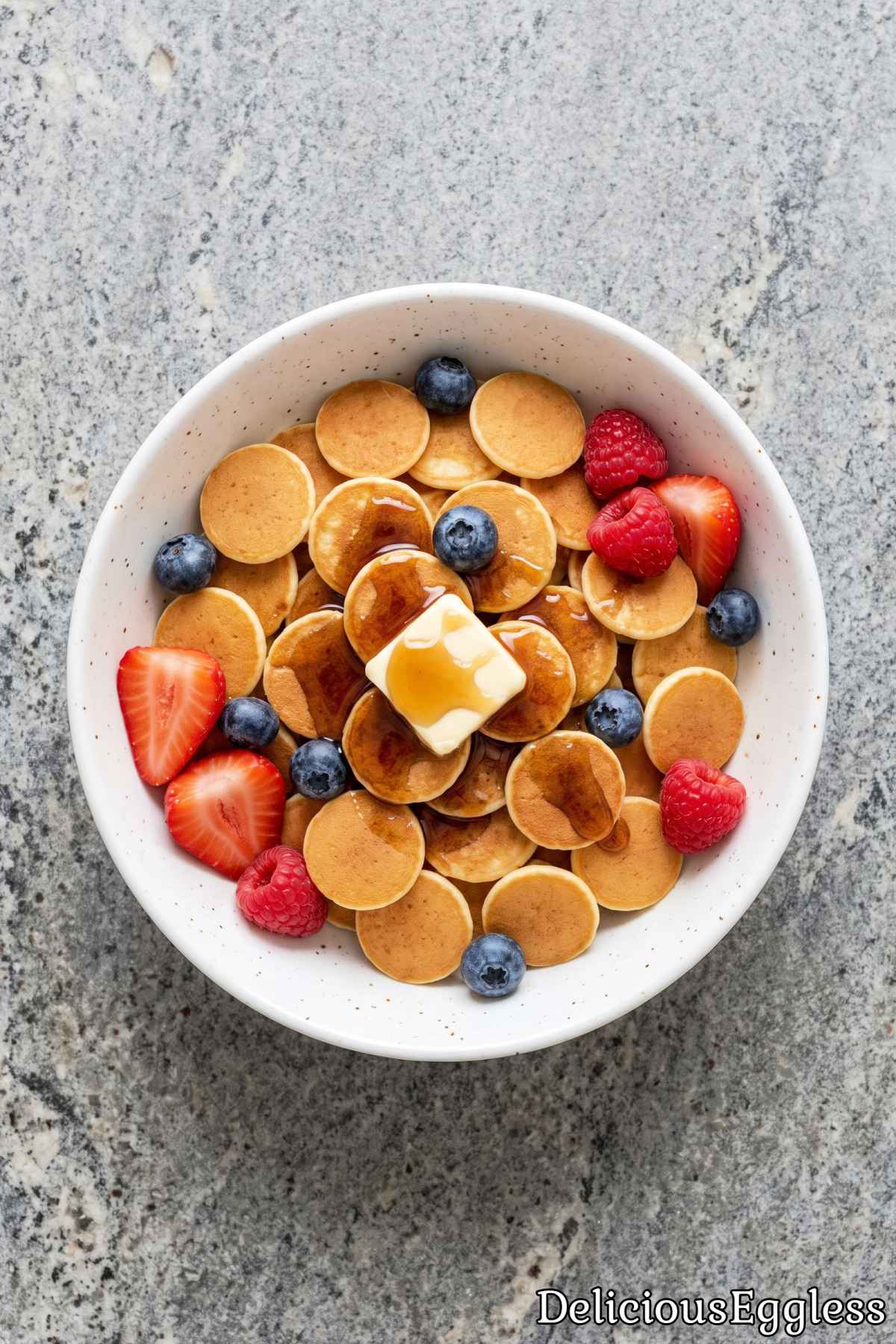 Tiny eggless mini pancakes served as cereal.