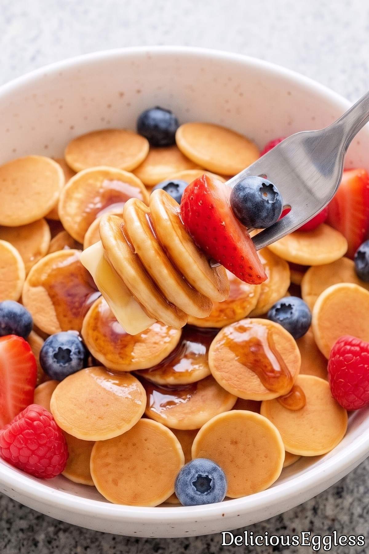 Fluffy bite-sized eggless pancake cereal.