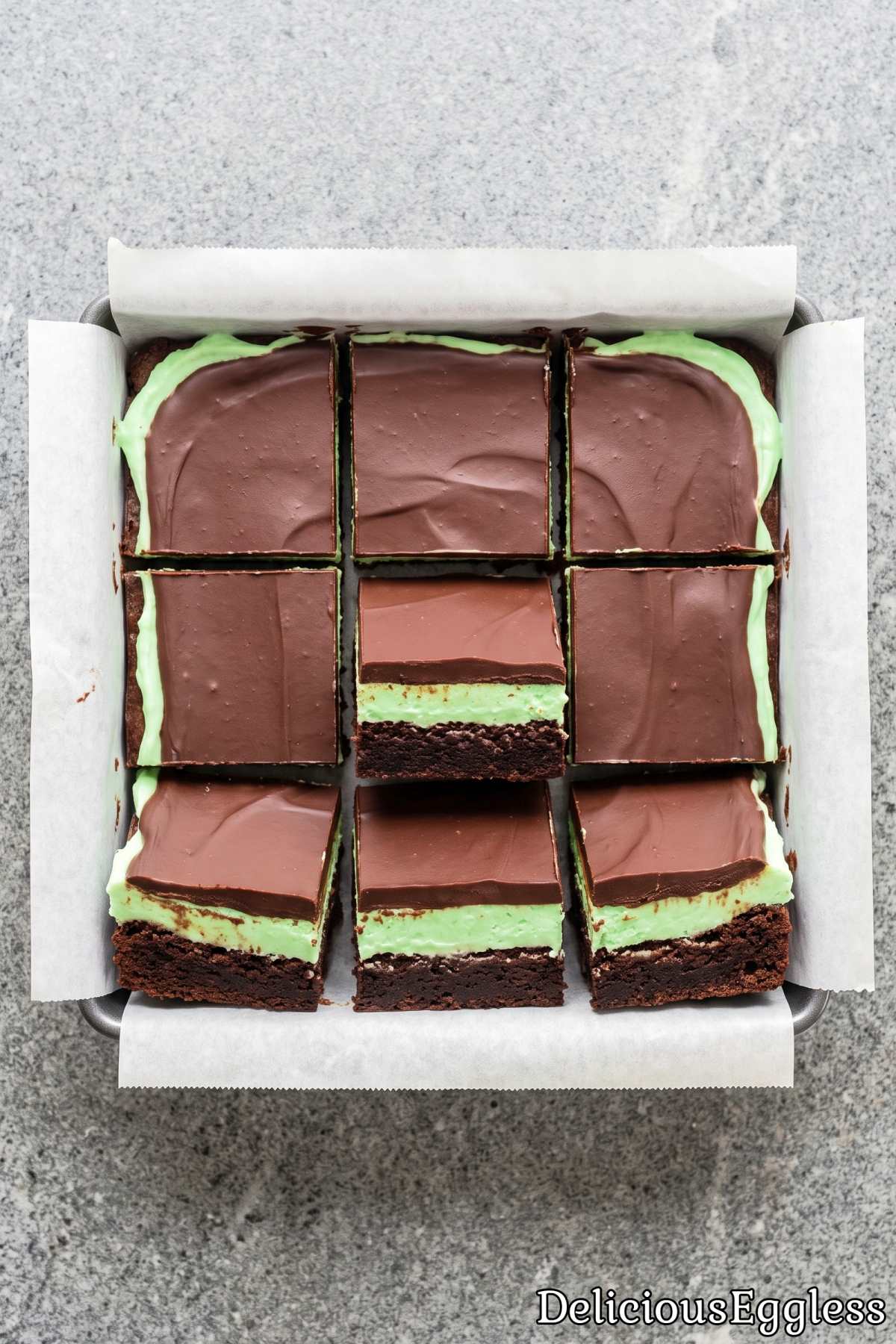Stack of eggless mint chocolate brownies