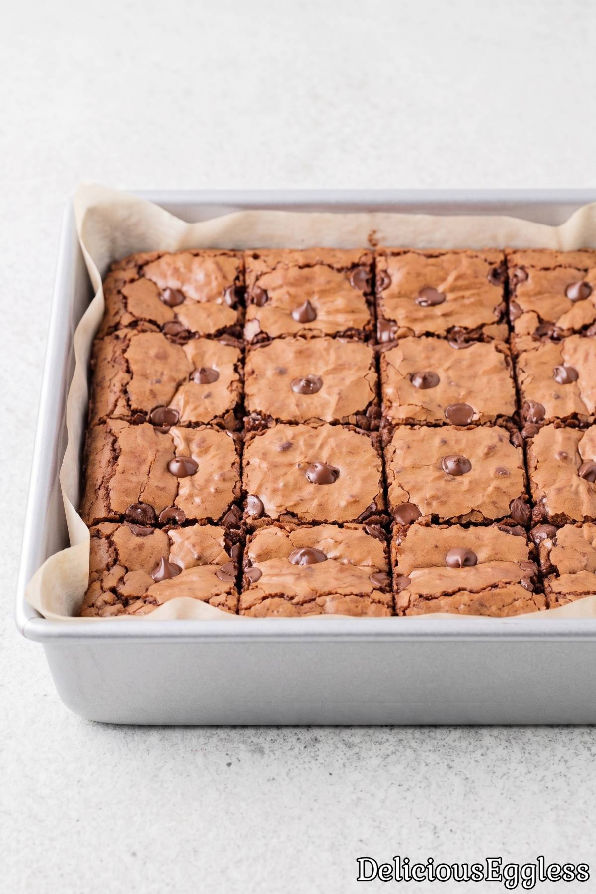 Glossy crust on eggless mochi brownies