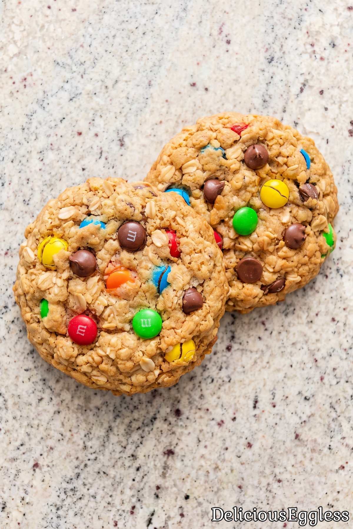 Chewy eggless monster cookies on a tray