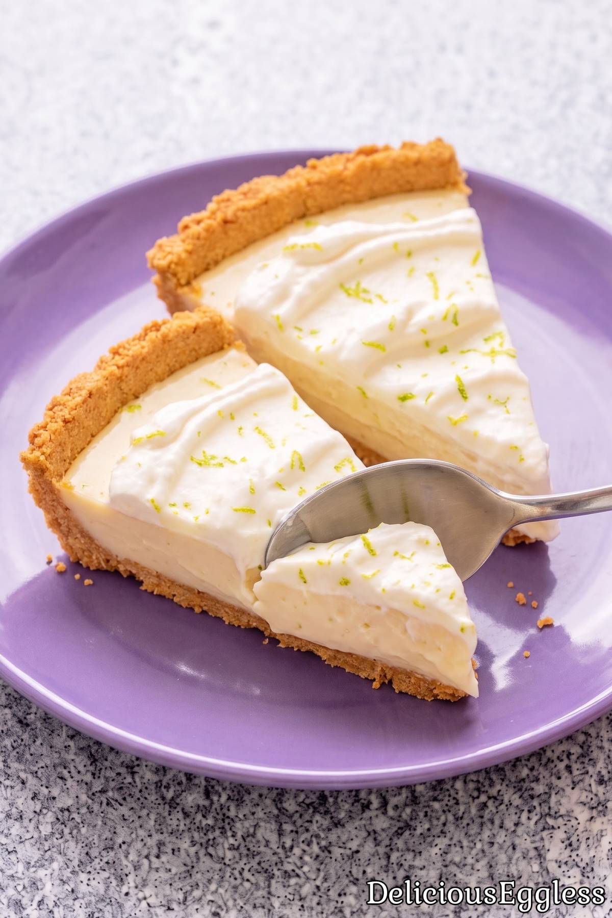 Decadent no bake key lime pie slice up close.