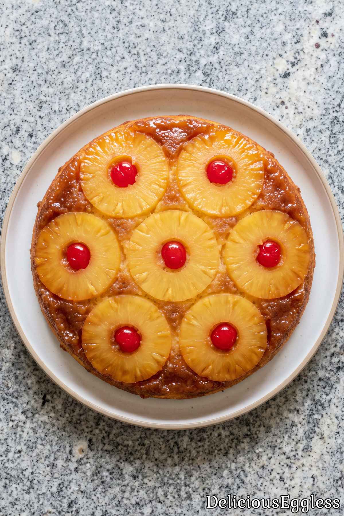 Homemade eggless pineapple upside down cake