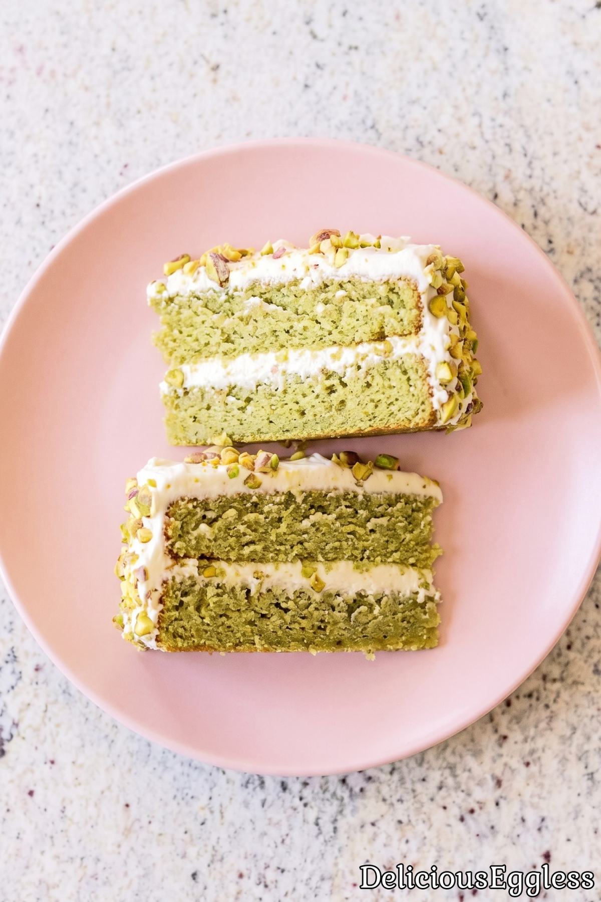 Simple eggless pistachio cake on a plate