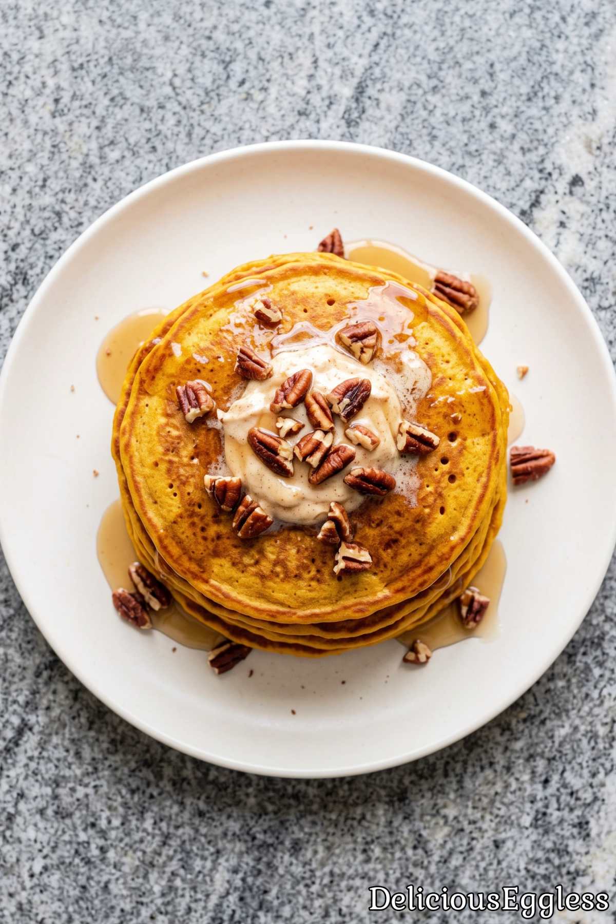Golden eggless pumpkin spice pancake stack