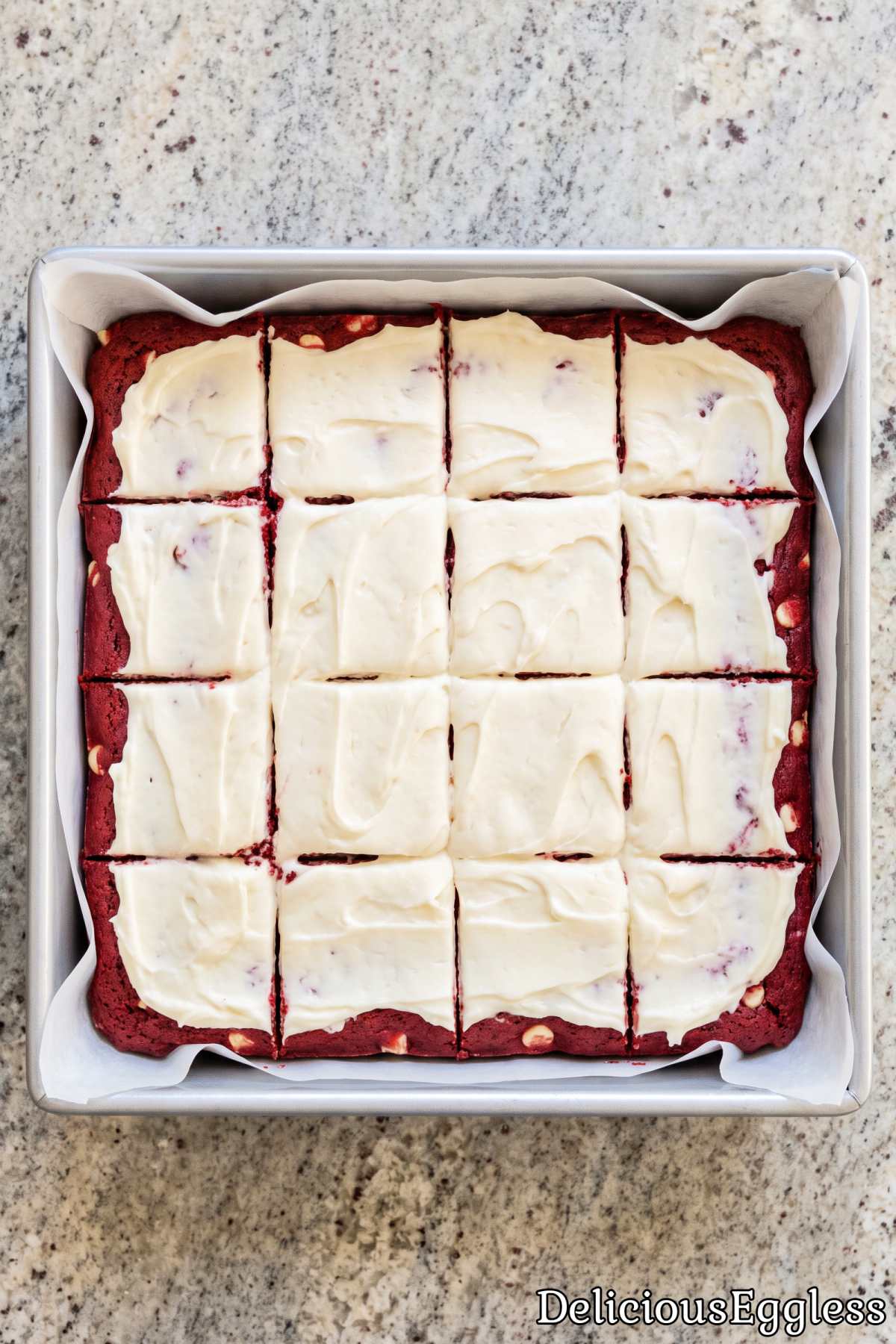 A stack of eggless red velvet brownies