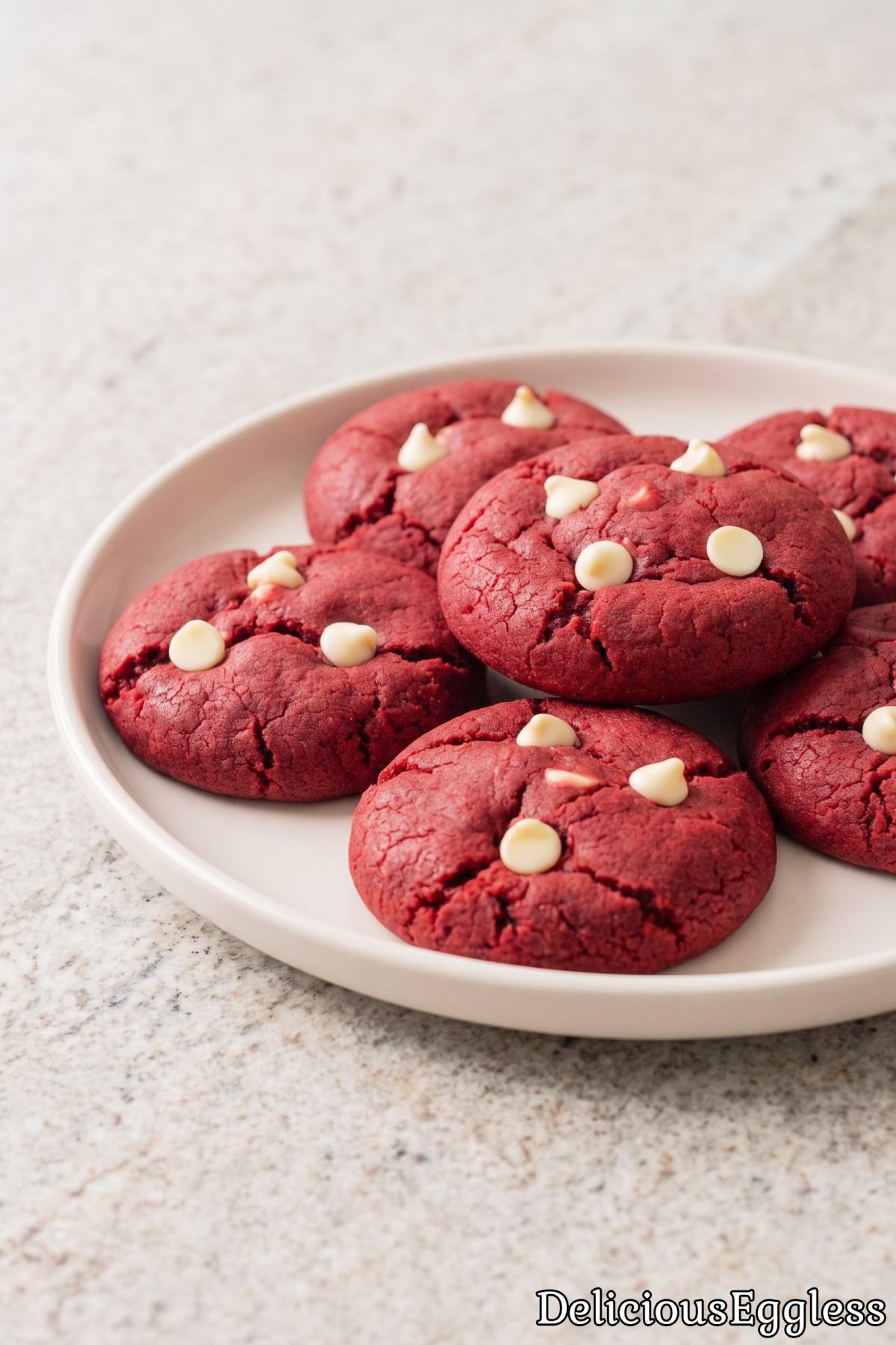 Warm homemade eggless red velvet cookies