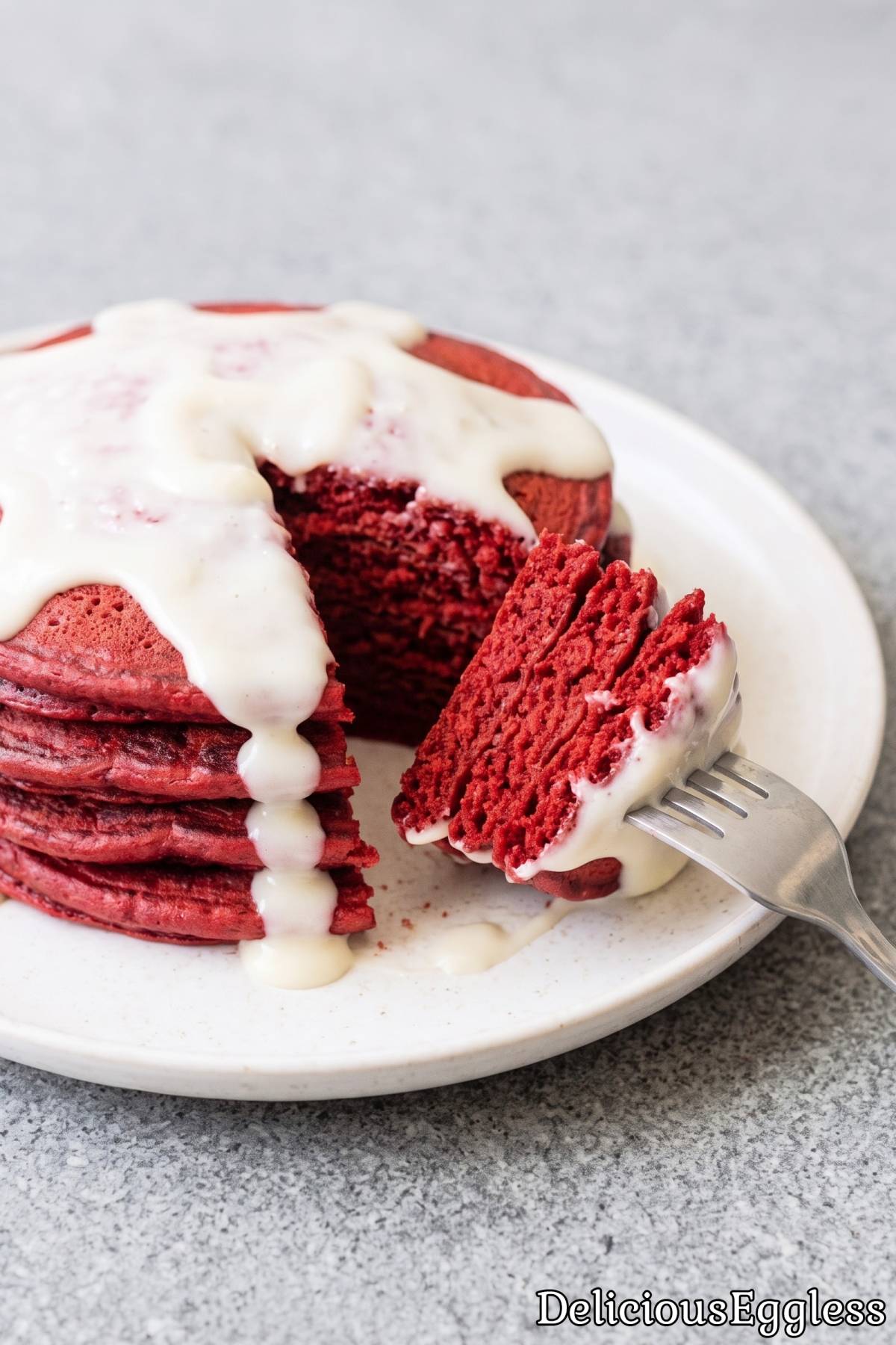 Sweet red velvet pancakes made without eggs