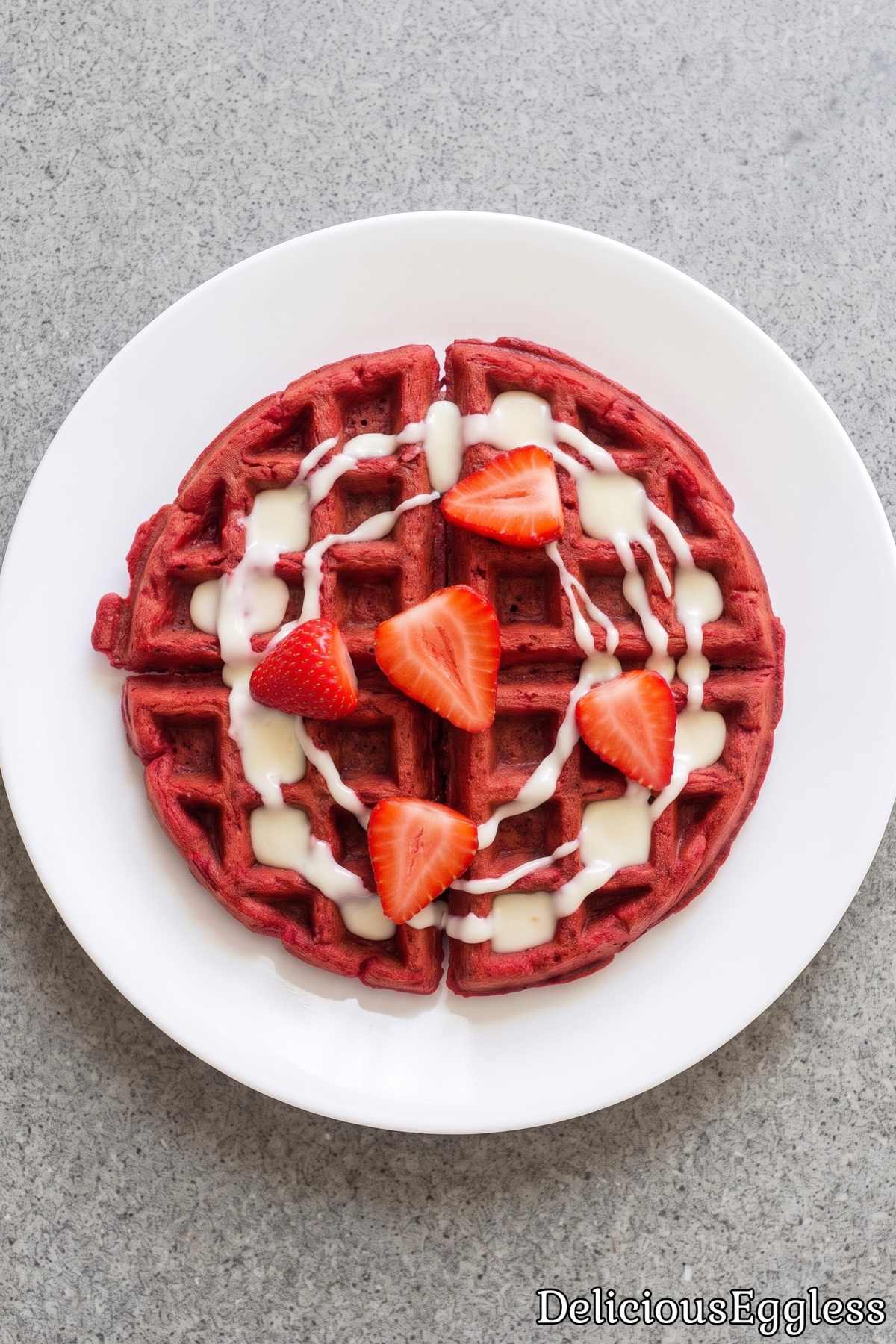 Bright red eggless red velvet waffles