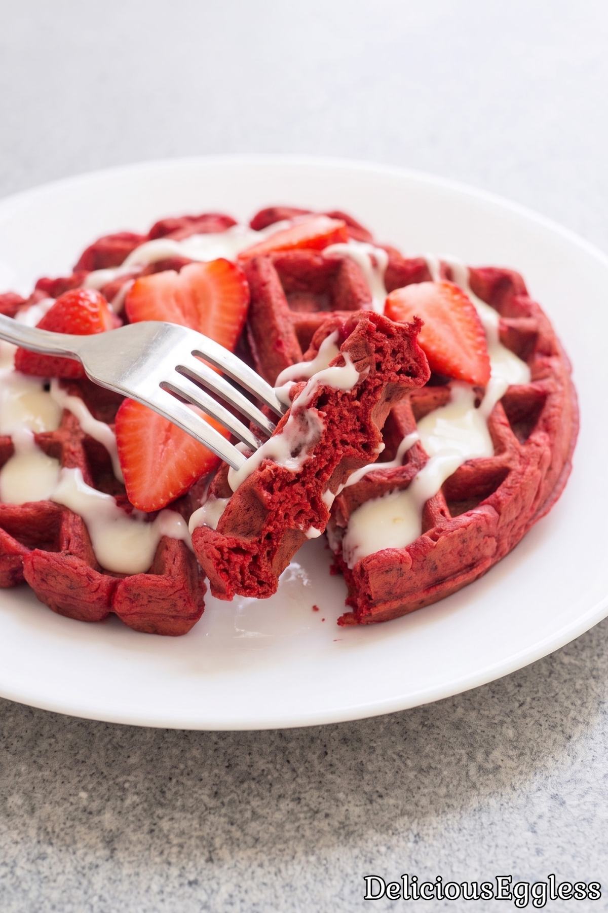 Eggless red velvet waffles with white glaze