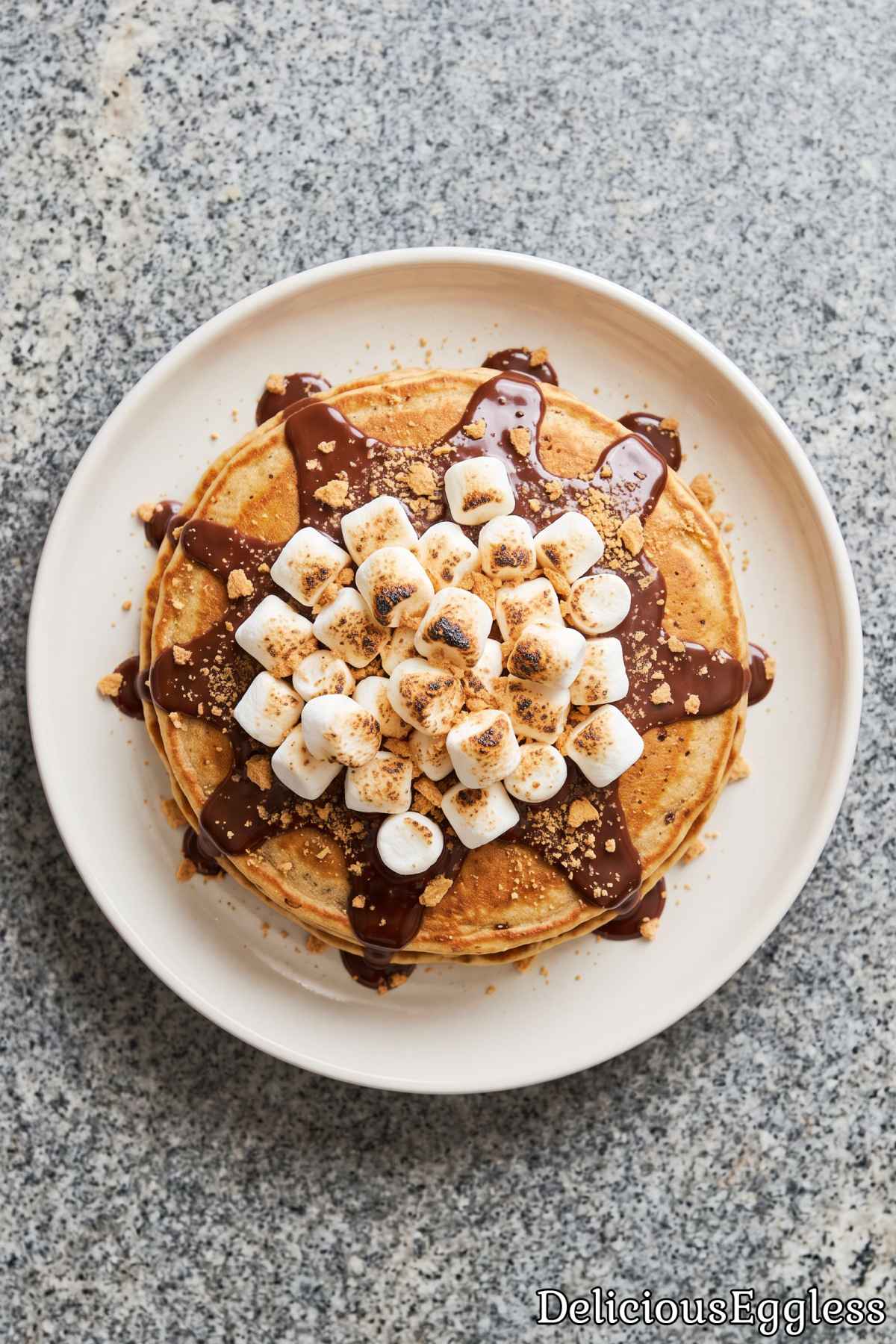 Stack of sweet eggless s'mores pancakes