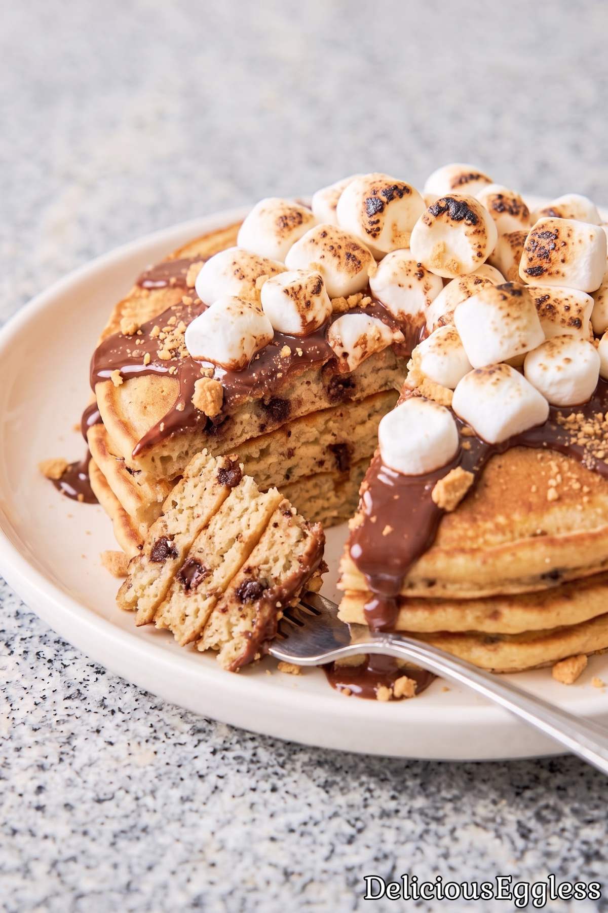 Eggless s'mores pancakes with graham crumbs
