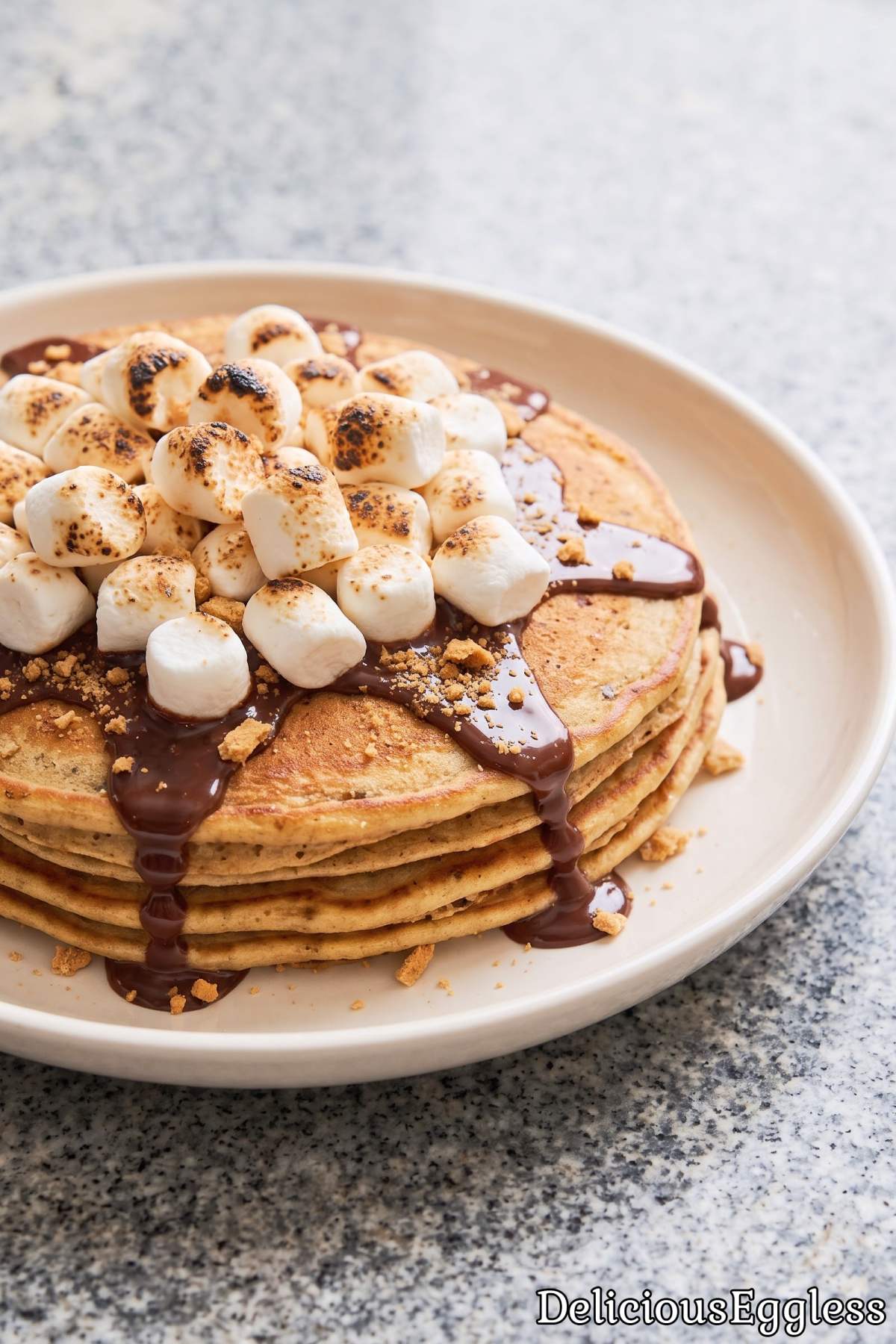Tempting stack of eggless s'mores pancakes