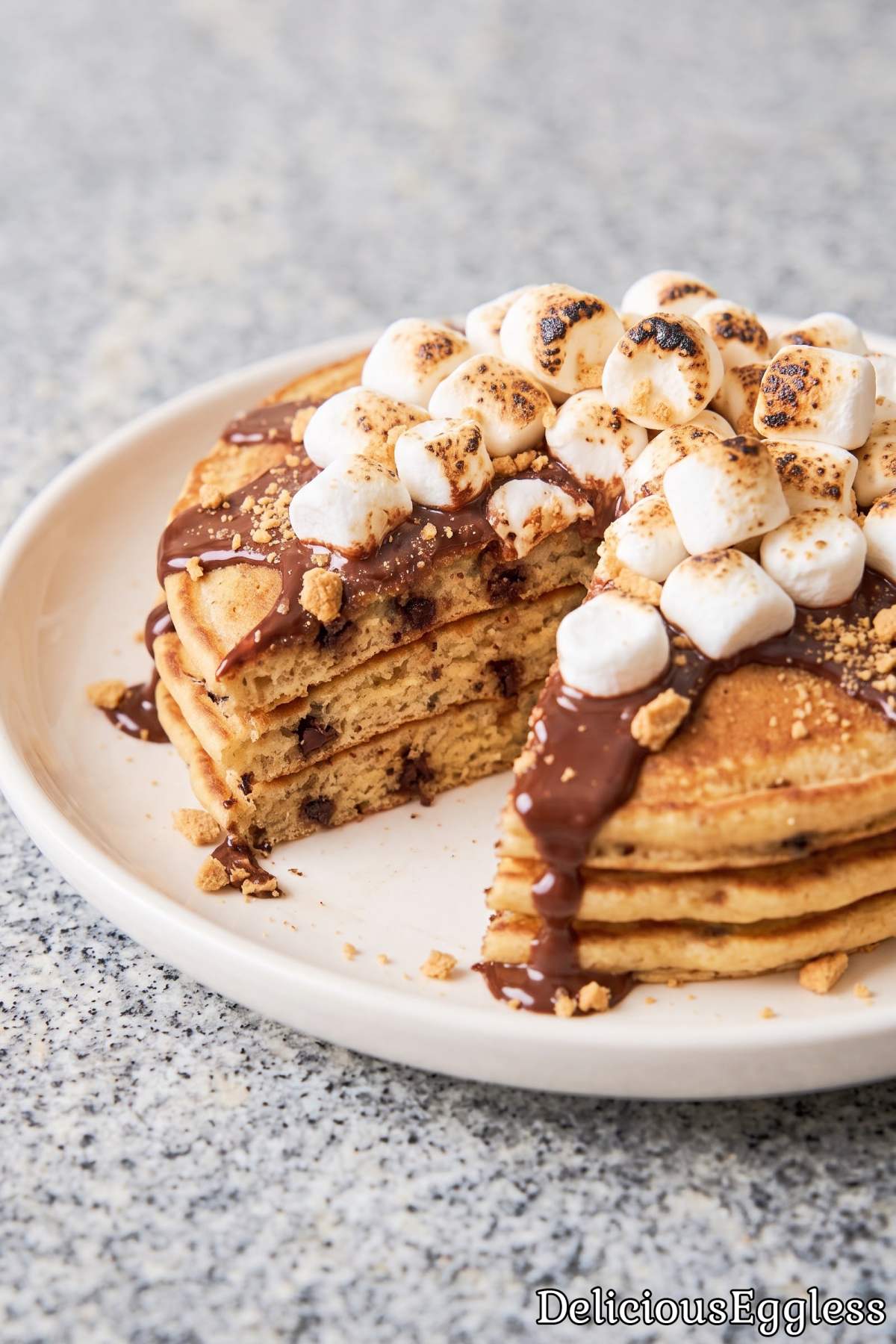Warm eggless s'mores pancakes with chocolate