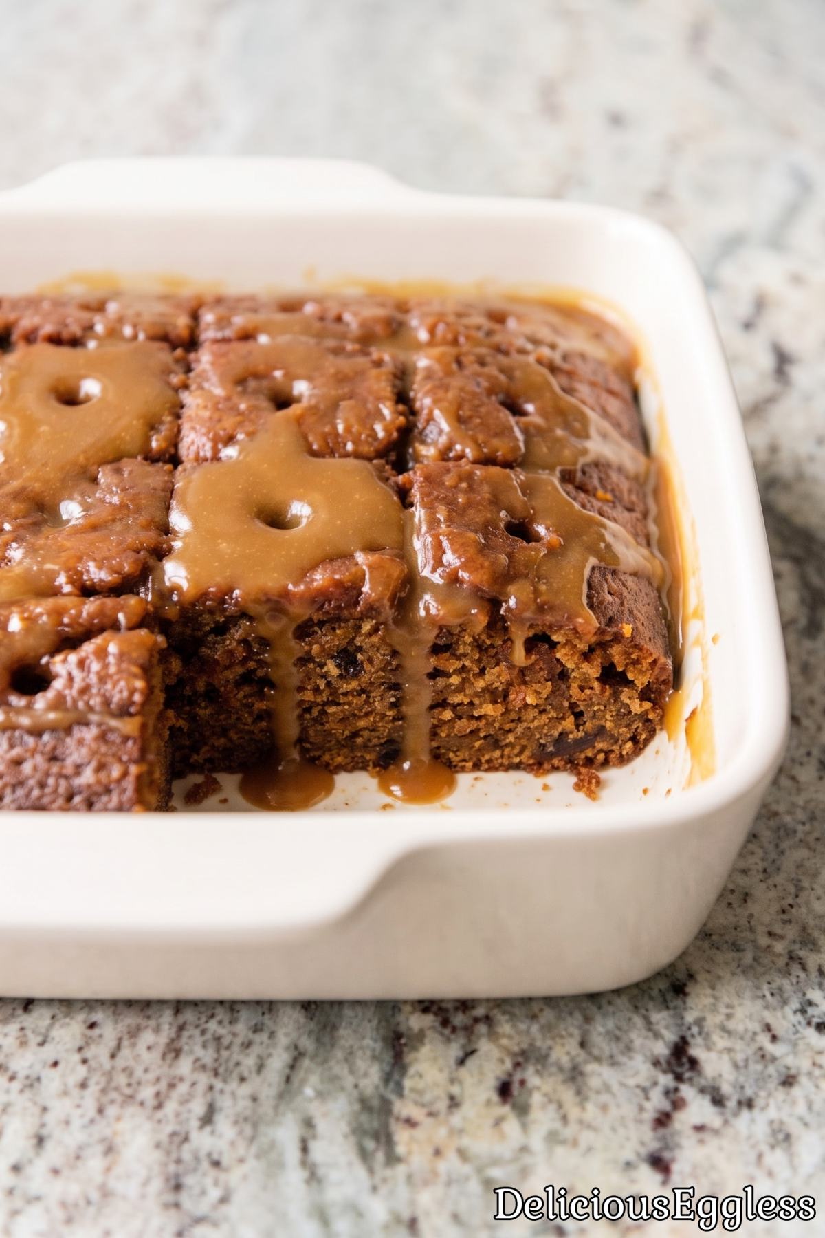Decadent eggless sticky toffee date pudding