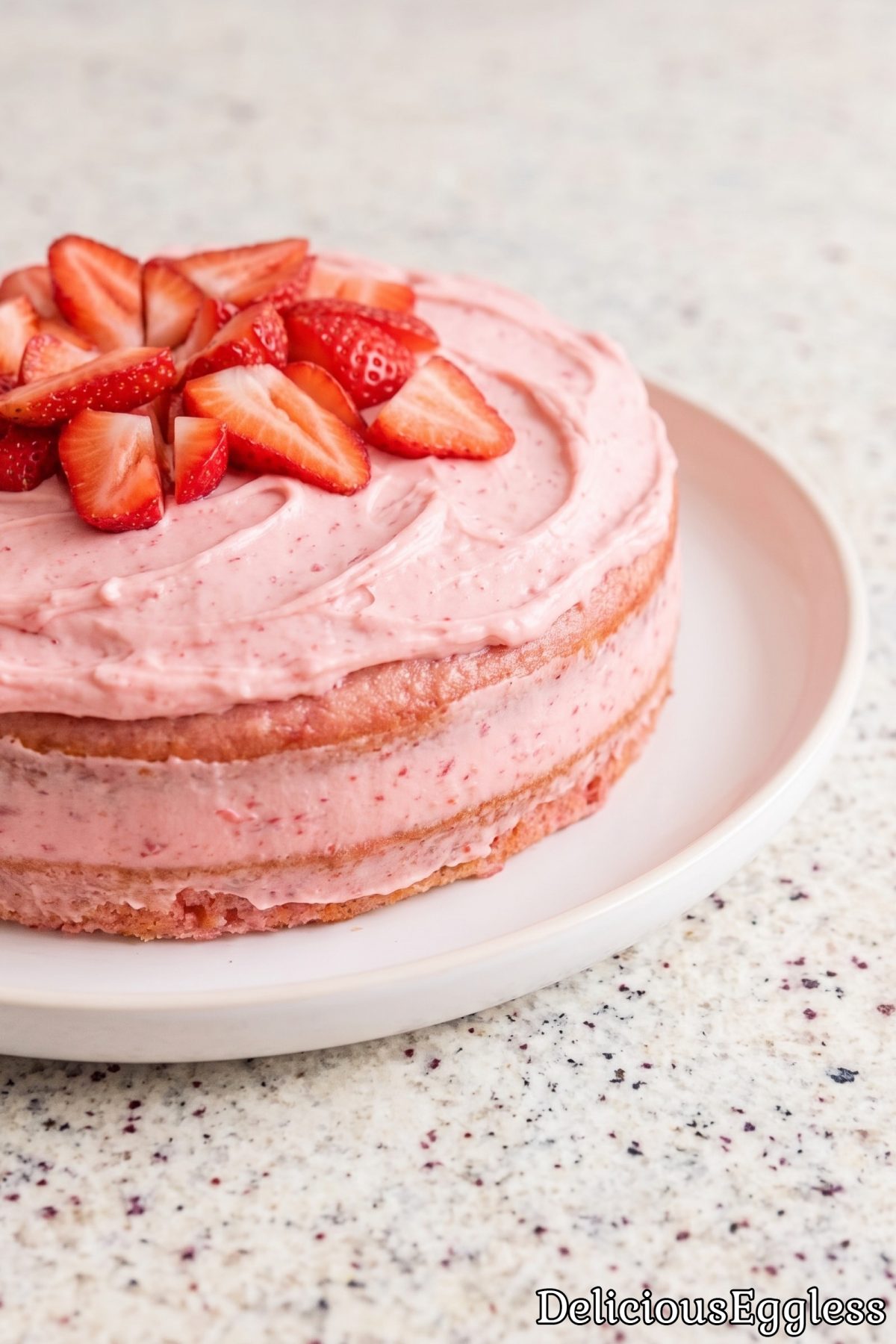 Slice of eggless fresh strawberry cake