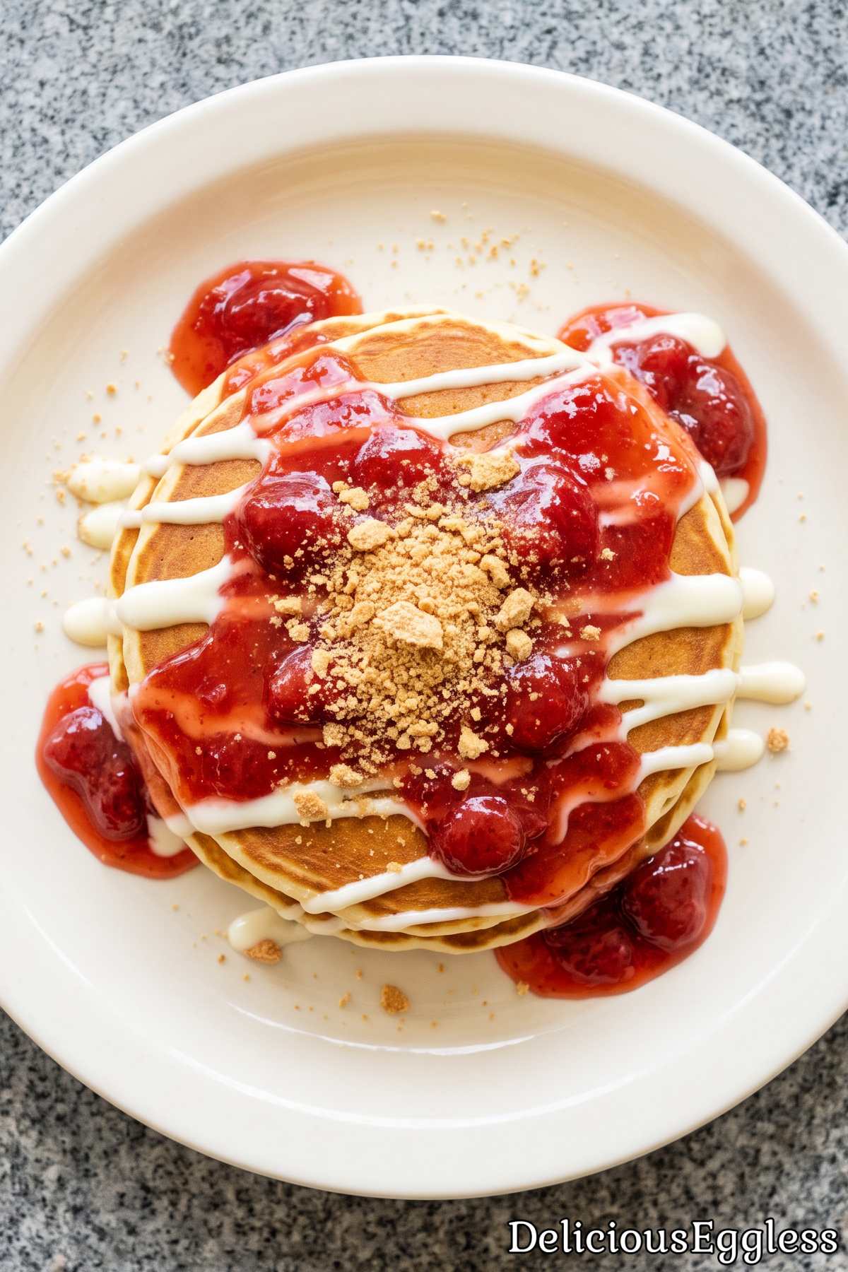 Warm stack of eggless strawberry pancakes