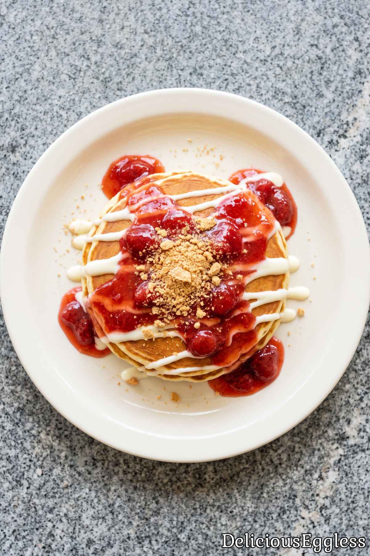 Homemade eggless strawberry cheesecake pancakes