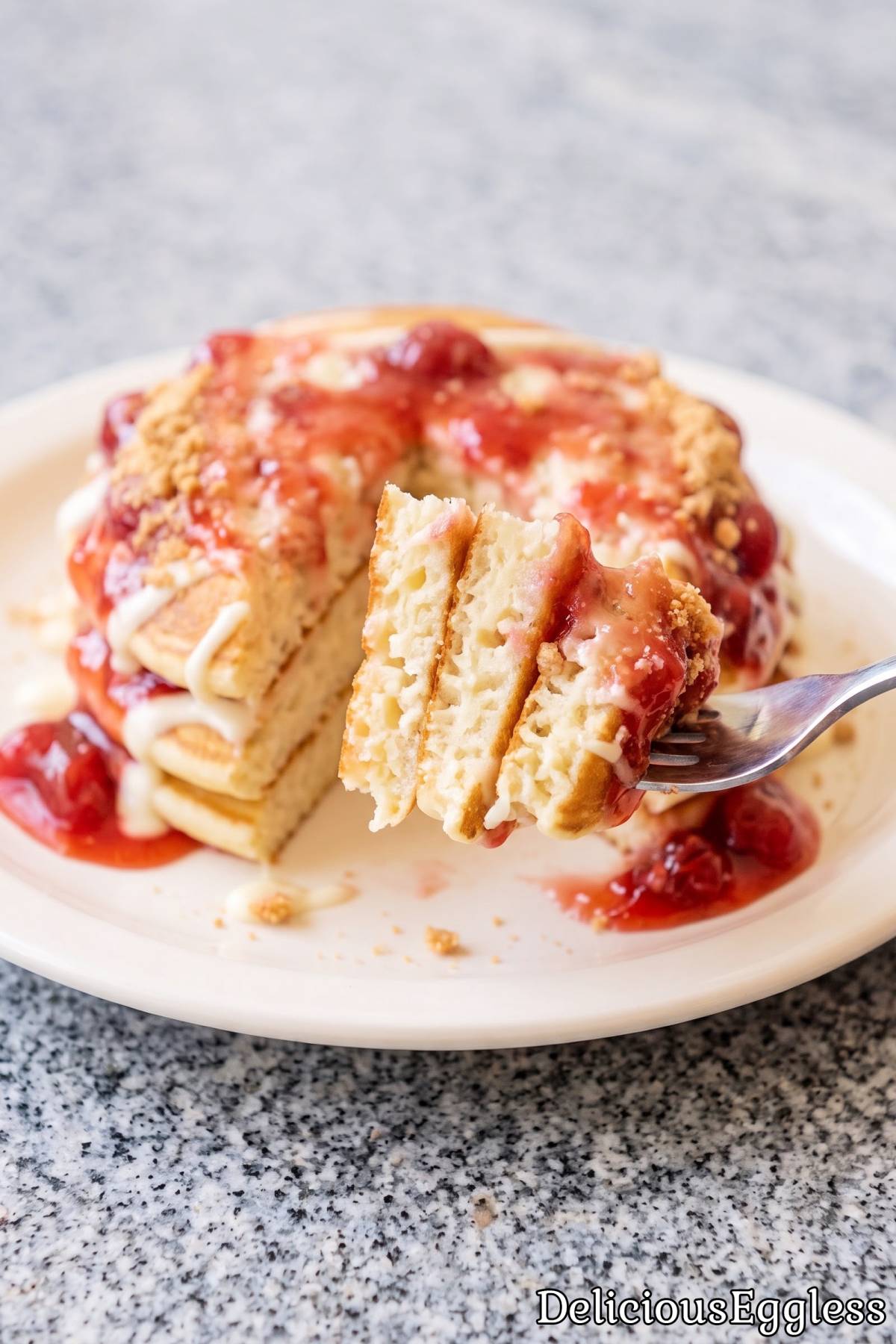 Creamy strawberry cheesecake eggless pancakes