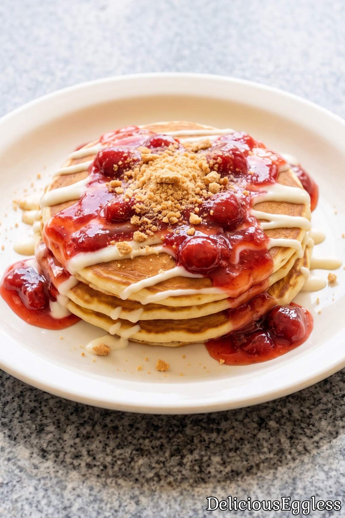 Fluffy eggless strawberry cheesecake pancakes