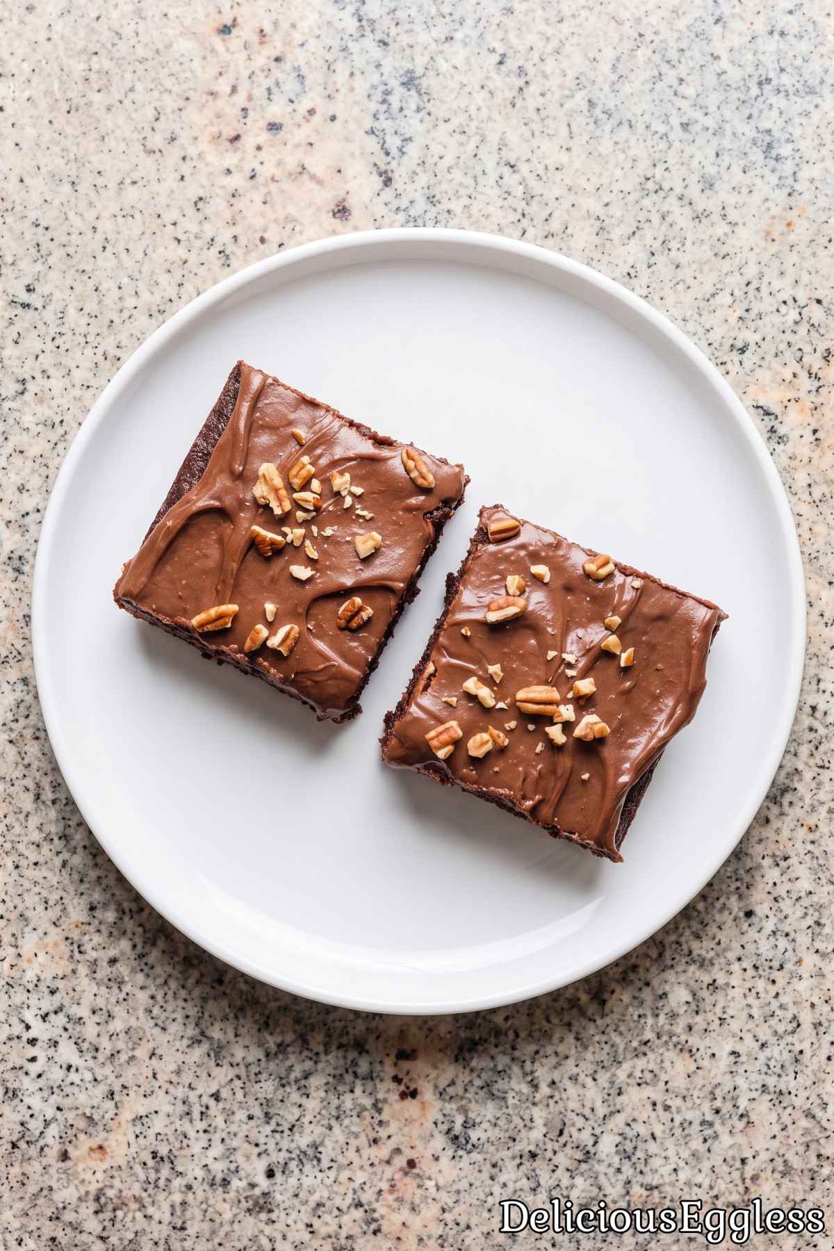 Warm slice of eggless Texas sheet cake
