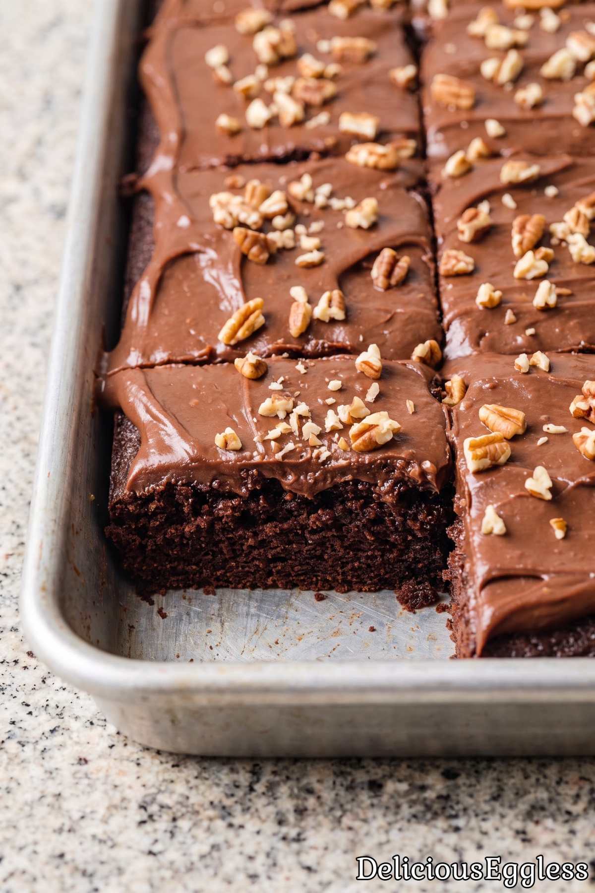Decadent eggless Texas chocolate cake
