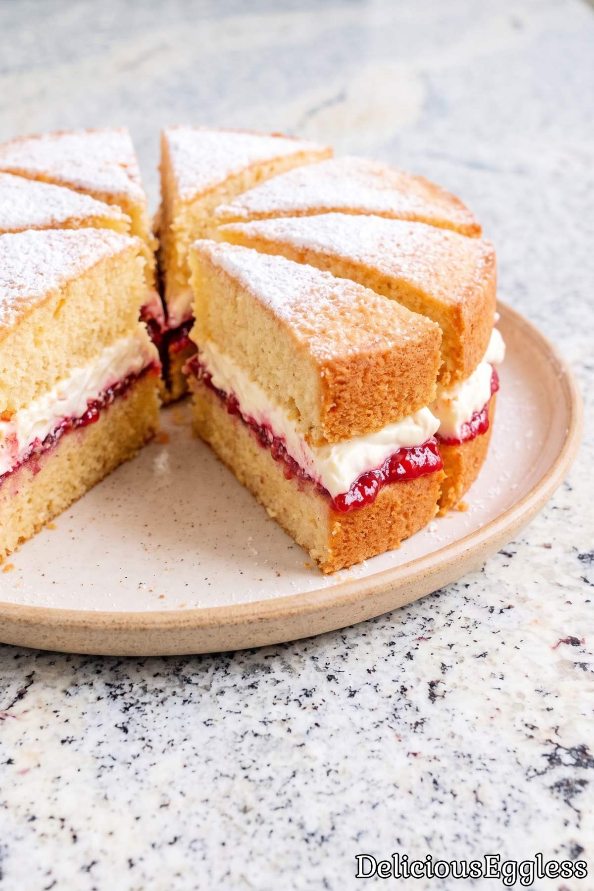 Slice of eggless Victoria sponge cake