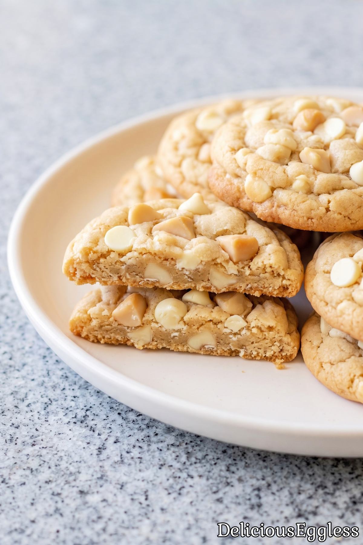 Stack of eggless macadamia nut cookies